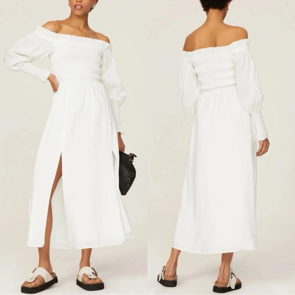 Allsaints Lary Dress 2 Ivory Linen & Silk Blend Midi Length Off The Shoulder - Picture 1 of 13
